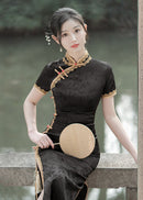 Black Mandarin Collar Qipao | Exquisite Tassel Detail Slim Fit Dress