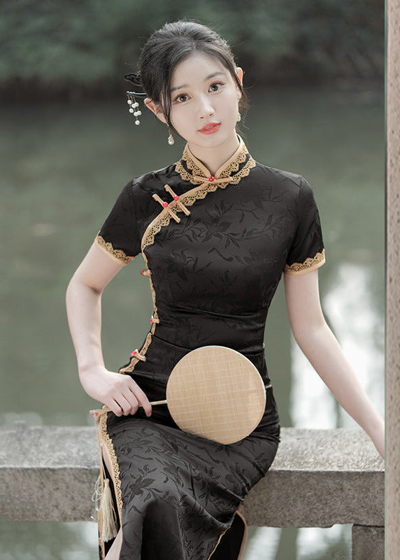 Black Mandarin Collar Qipao | Exquisite Tassel Detail Slim Fit Dress