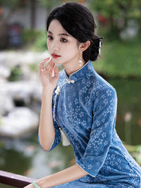 Blue Autumn-Winter Vintage Long-Sleeved Cheongsam Dress