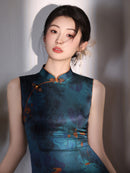 Deep Teal Floral Qipao Dress | Modern Chinese Sleeveless Mandarin Collar Slim Midi Dress