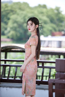 Peach Floral Short Qipao Dress for Women | Green Piping Frog Buttons Mandarin Collar Slim Fit