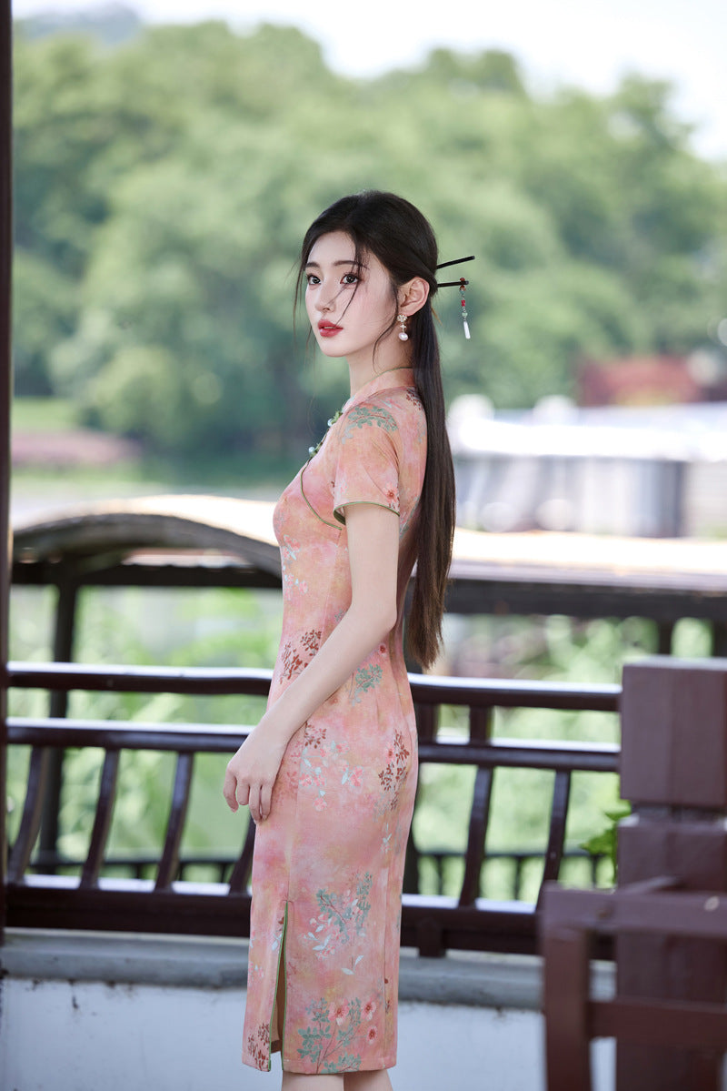 Peach Floral Short Qipao Dress for Women | Green Piping Frog Buttons Mandarin Collar Slim Fit