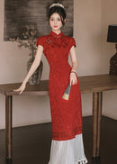 Wine Red Jacquard Mandarin Qipao Dress | A-Line Slim Waist Layered Pleated Tassel Skirt New Chinese Style