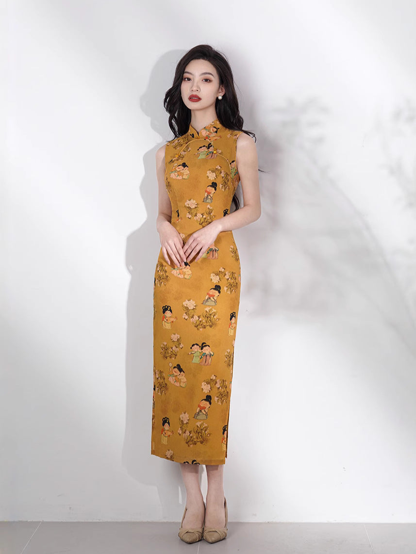 复古风花卉旗袍连衣裙传统中式旗袍优雅中长礼服