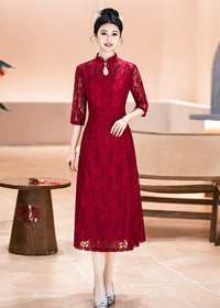 Red Plus Size Lace Mother Dress | Mandarin-Collar Tea-Length Gown