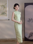 Mint Green Tonal Jacquard Sleeveless Qipao Maxi Dress | Mandarin Collar Slim Slit Cheongsam