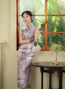 Purple Floral Branch Qipao Dress for Women | Mandarin Collar Frog Button Slim Fit Elegant Dress