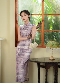 Purple Floral Branch Qipao Dress for Women | Mandarin Collar Frog Button Slim Fit Elegant Dress