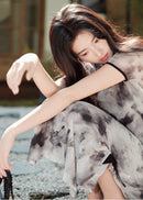 Ink-Wash Modern Qipao Midi | Short Sleeves & Black-Grey