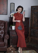 Loose-Fit Red Modern Qipao Dress | Mandarin Collar, Frog Buttons, Side-Slit Elegant Maxi
