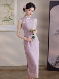 Lilac Jacquard Sleeveless Qipao Maxi Dress | Mandarin Collar Piped Slim Cheongsam