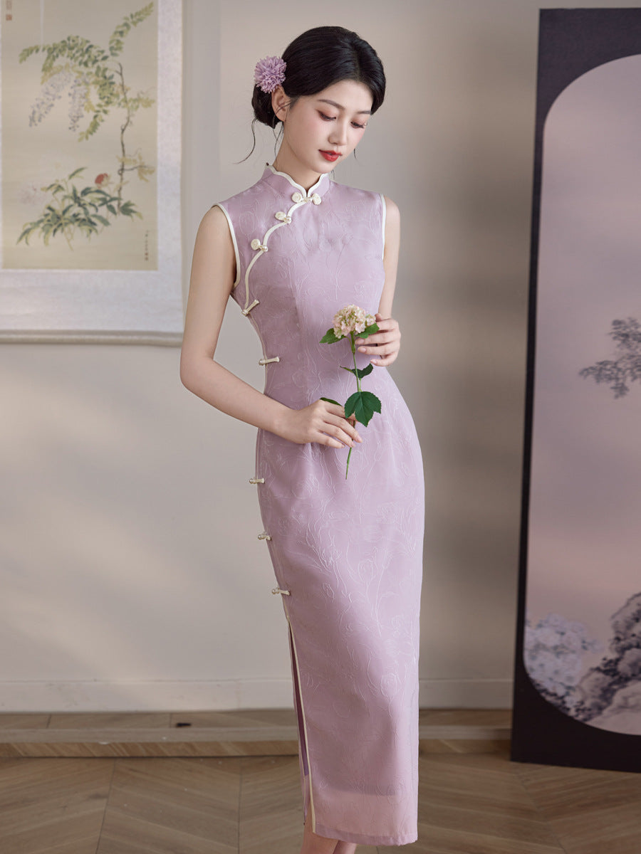 Lilac Jacquard Sleeveless Qipao Maxi Dress | Mandarin Collar Piped Slim Cheongsam