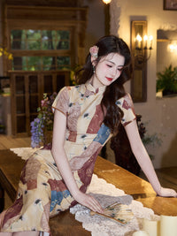New Chinese Patchwork Print Qipao Dress | Mandarin Collar Short Sleeve Slim Midi Cheongsam