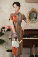 Modern Chinese Retro Striped Qipao Dress | Mandarin Collar Frog Buttons Slim Midi Side Slit