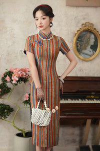 Modern Chinese Retro Striped Qipao Dress | Mandarin Collar Frog Buttons Slim Midi Side Slit
