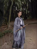 Traditional Chinese Hanfu Men’s Black and Gray Silk Robe with Embroidered Designs and Sword Belt