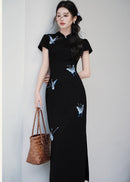 Black Butterfly Embroidered Slim Long Qipao | Side Slit