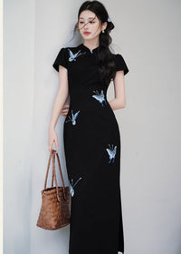 Black Butterfly Embroidered Slim Long Qipao | Side Slit