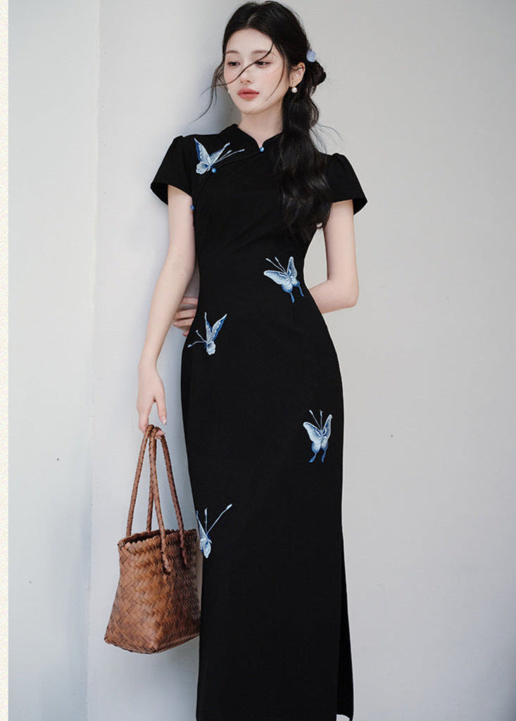 Black Butterfly Embroidered Slim Long Qipao | Side Slit
