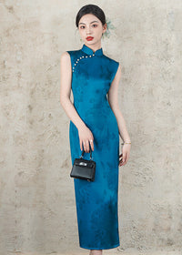 Peacock-Blue New-Chinese Qipao Dress | Sleeveless Mandarin Collar