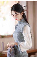 Vintage Floral Design Chinese Cheongsam Dress for Women with Fur Trim
