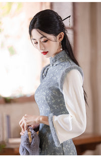Vintage Floral Design Chinese Cheongsam Dress for Women with Fur Trim