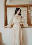 Cream Jacquard Mamian Skirt Set | Mandarin-Collar Puff-Sleeve Top