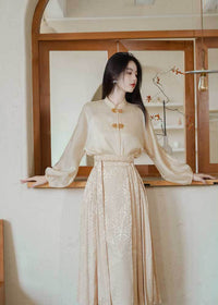 Cream Jacquard Mamian Skirt Set | Mandarin-Collar Puff-Sleeve Top