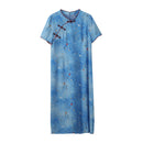 Plus Size Blue Floral Qipao Dress | Summer Breathable Jacquard