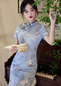 Blue Modern Qipao Mini | Petite Slim Fit & Retro Short-Sleeve for Summer