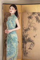 Misty Blue-Green Watercolour Floral Qipao Dress Sleeveless Slim Mandarin Collar Piping