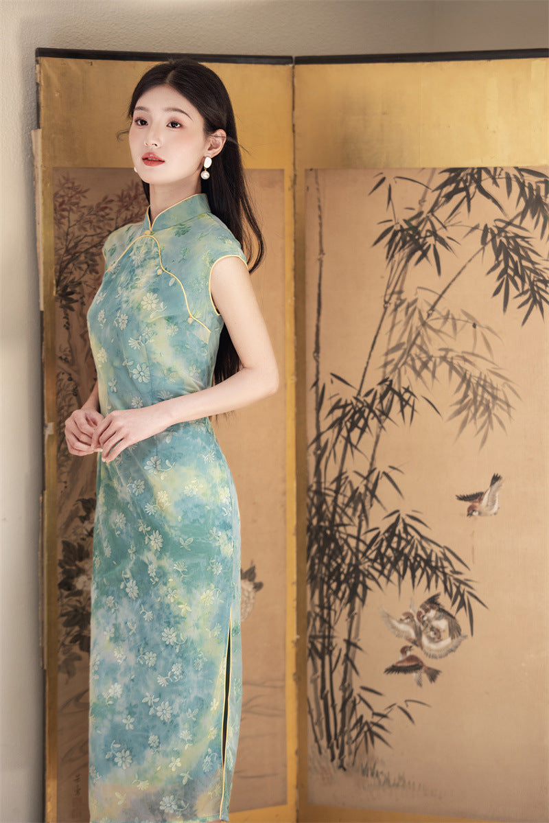 Misty Blue-Green Watercolour Floral Qipao Dress Sleeveless Slim Mandarin Collar Piping
