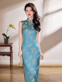 Peacock Blue Geometric Jacquard Sleeveless Qipao Maxi Dress | Mandarin Collar Slim Slit Cheongsam