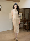 Cream Open-Knit Qipao Dress | Sleeveless Slim Midi