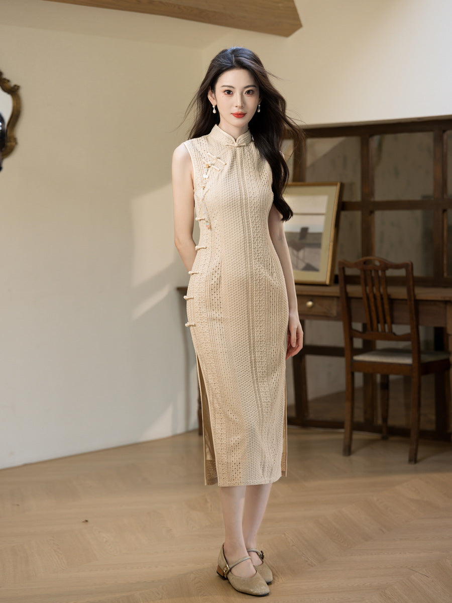 Cream Open-Knit Qipao Dress | Sleeveless Slim Midi