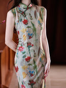Watercolor-Print Sleeveless New-Chinese Qipao Dress | Morandi Tones, Slim Midi with Side Slit