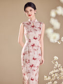 Butterfly Floral Print Sleeveless Qipao Maxi Dress | Mandarin Collar Slim Slit Cheongsam