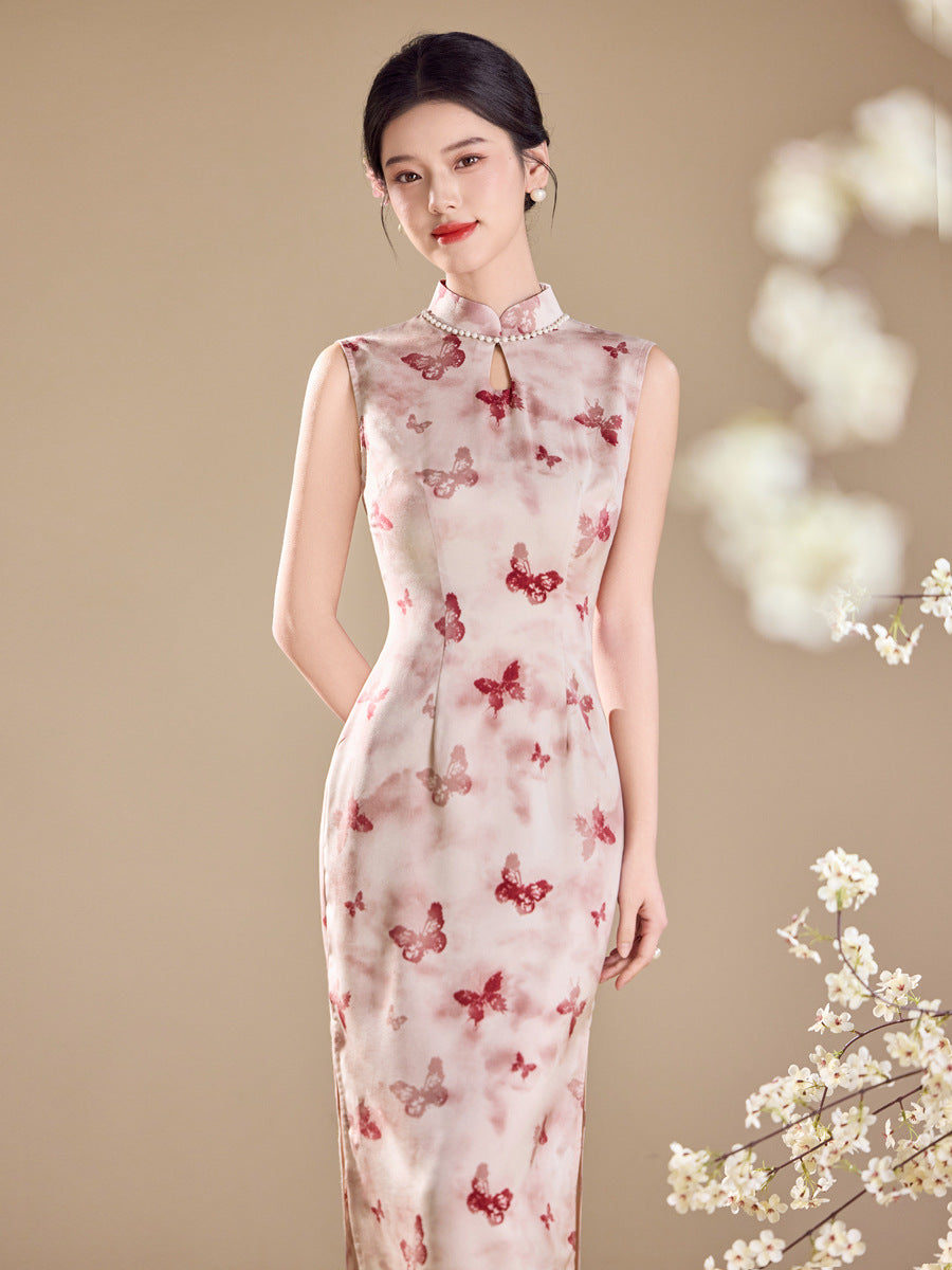 Butterfly Floral Print Sleeveless Qipao Maxi Dress | Mandarin Collar Slim Slit Cheongsam