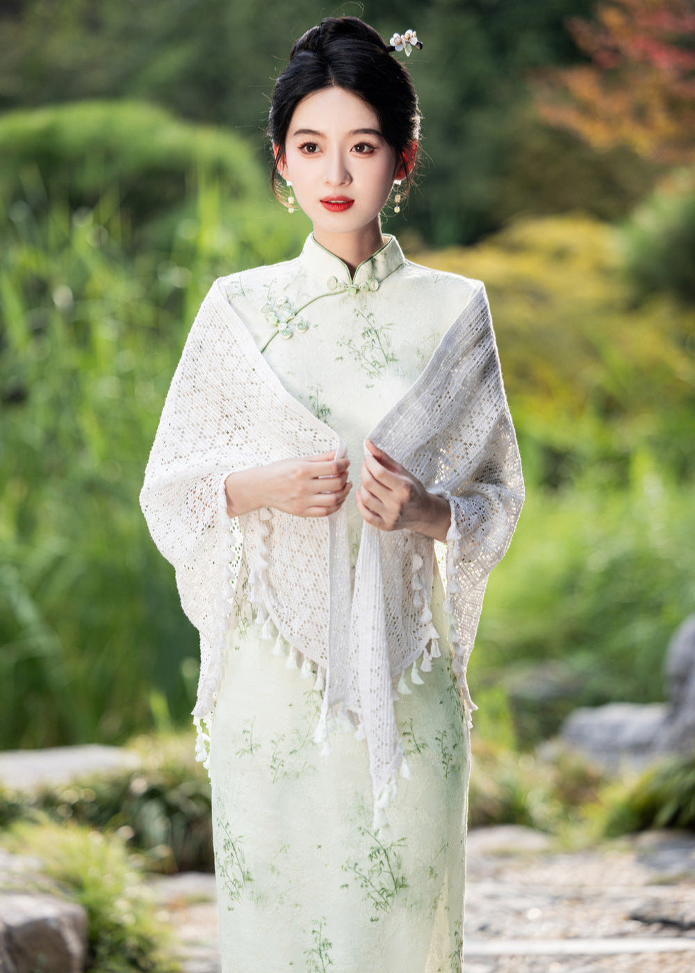 优雅奶油色流苏汉服披肩柔软针织披肩，适合传统服装分层搭配