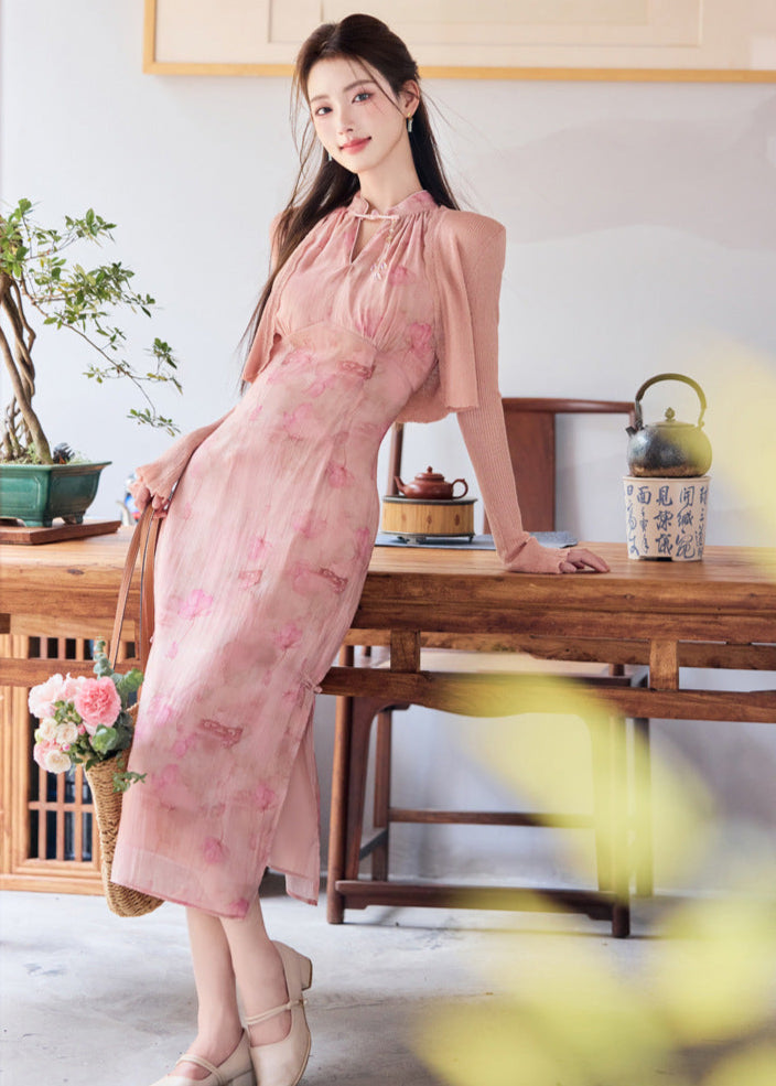 Chinese Style Pink Gradient Halter Cold-Shoulder Qipao Dress