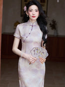 Mist-Lilac Jacquard Qipao | Slim Mandarin Midi Cheongsam