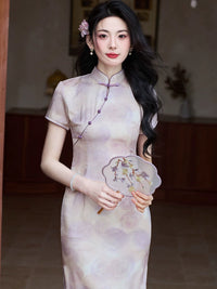 Mist-Lilac Jacquard Qipao | Slim Mandarin Midi Cheongsam