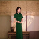 Emerald Green Tonal Jacquard Short Sleeve Qipao Dress | Mandarin Collar Slim Maxi Cheongsam