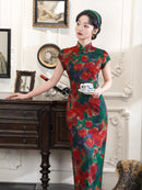 Vintage Oil-Paint Floral Qipao Long Dress | Red-Green Palette