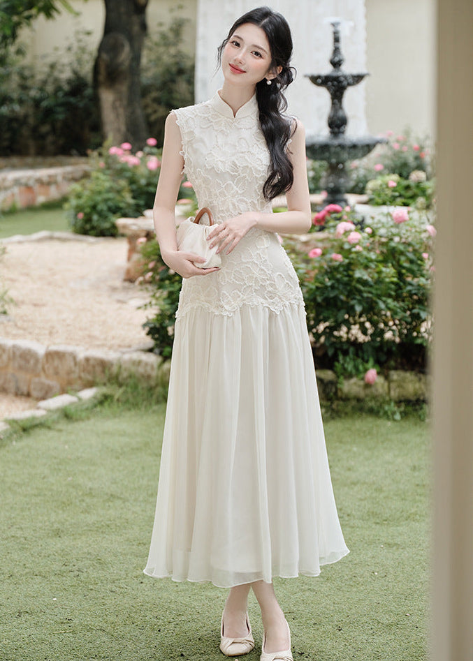 Lace Qipao Gown | Sleeveless White Mandarin Maxi Dress
