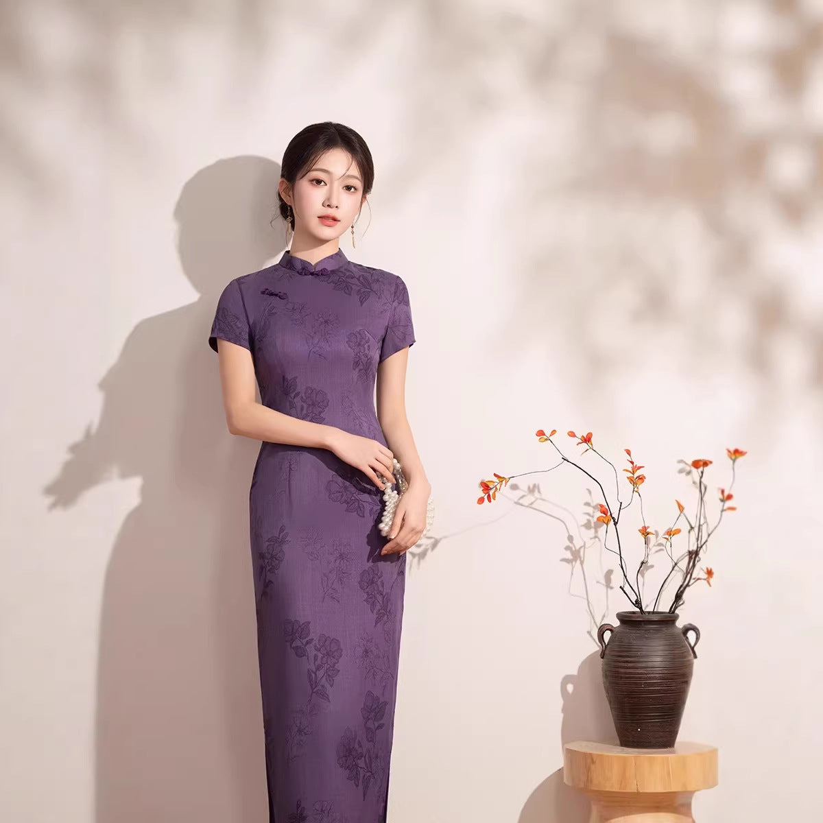 Vintage Purple Jacquard Short Sleeve Qipao Dress | Mandarin Collar Slim Midi Cheongsam