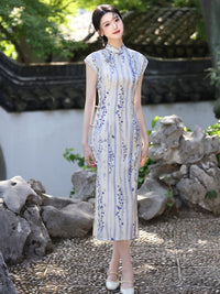 Spring Elegant Purple-Stripe Qipao | Slim Mandarin Collar Cap Sleeves