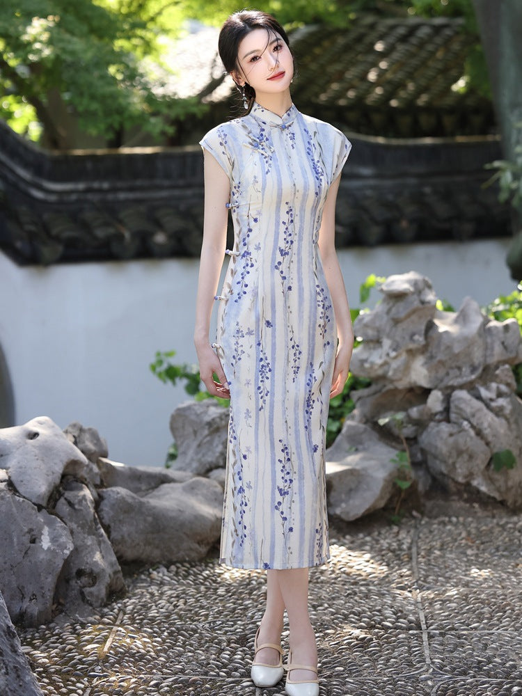 Spring Elegant Purple-Stripe Qipao | Slim Mandarin Collar Cap Sleeves
