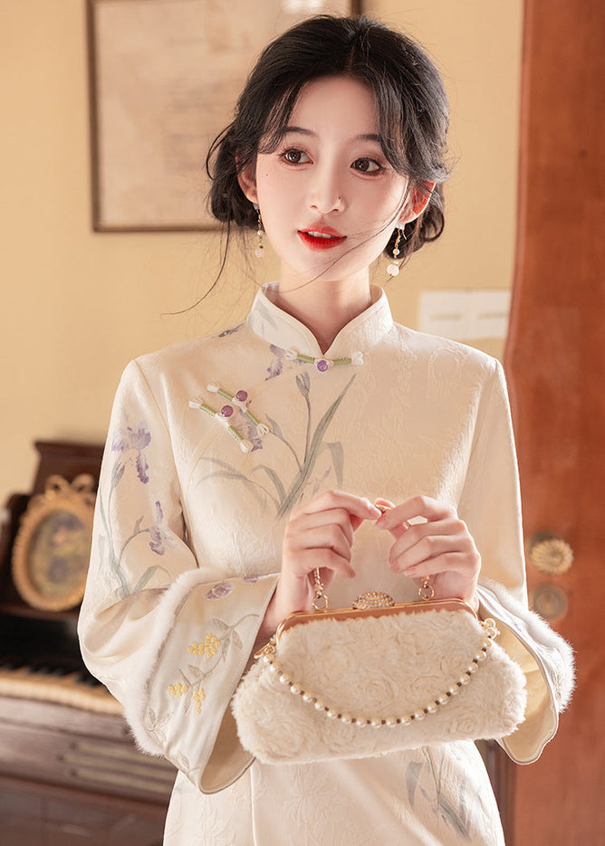 Ivory Vintage Jacquard Qipao with Lantern Sleeves
