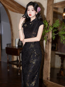 Black Gold Lace Embroidered Vintage Qipao Dress | High Waist Slim Fit Design